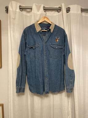 Reel Legends Vintage Embroidered Deer Denim Button Down Shirt with Elbow Patches